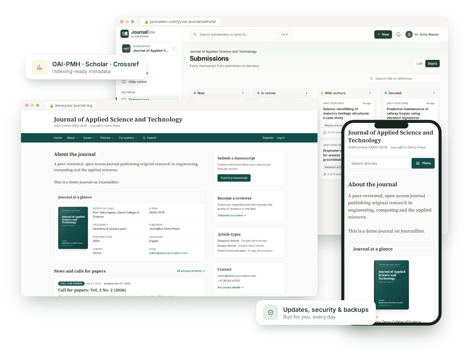 JournalEnv on a computer and a phone: journal website, editorial dashboard and manuscript workflow
